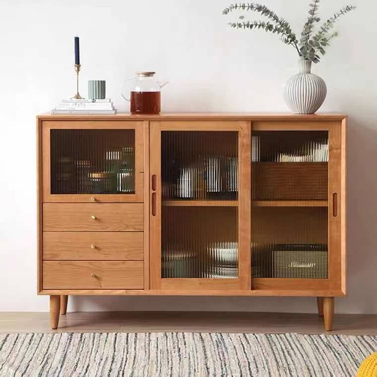 3-Drawer Pine Wood Sideboard Modern Glass Sliding Door Cabinets Credenza for Living Room