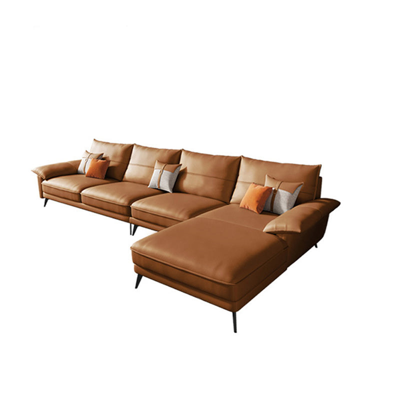 Brown Genuine Leather Sectional Pillow Top Arm Sofa with Pillows