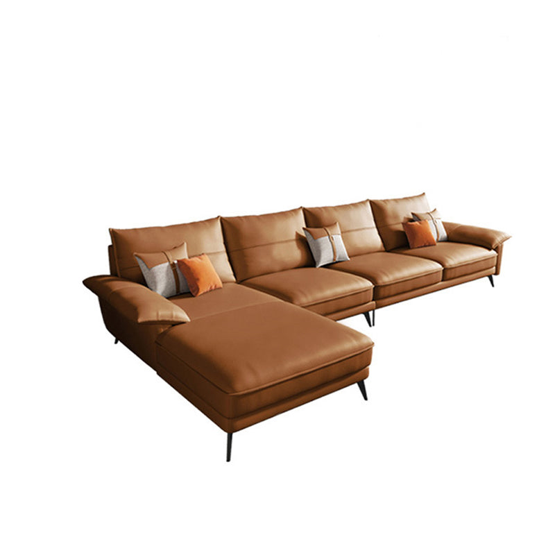 Brown Genuine Leather Sectional Pillow Top Arm Sofa with Pillows