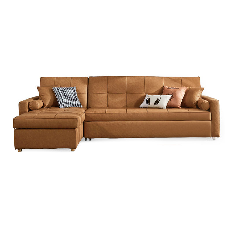 Square Arm Tan Removable Cushions Storage Manual L-Shape Sectional Sofa Bed