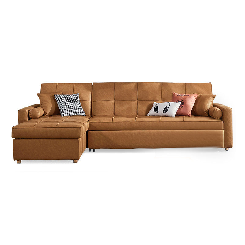 Square Arm Tan Removable Cushions Storage Manual L-Shape Sectional Sofa Bed