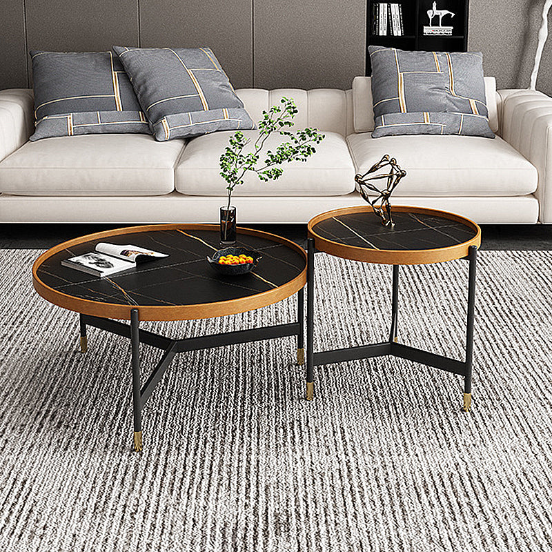 3 Legs Base Design Black Metal Base Rock Slab Top Round Coffee Table