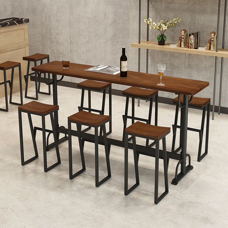 Pine Wood Bar Table Rectangle Industrial Bar Dining Table with Trestle Base in Black