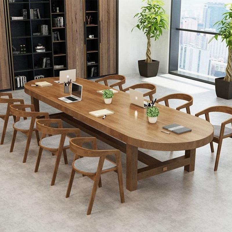 Contemporary Oval Solid Wood Table Standard Height Dining Table with Trestle Base