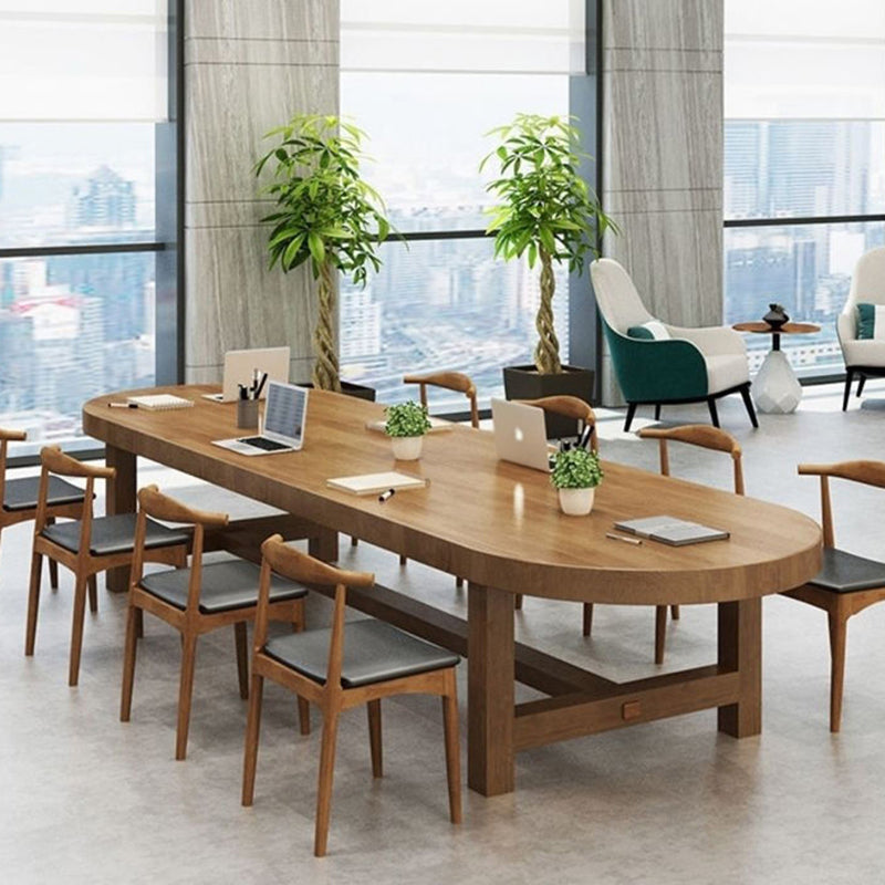 Contemporary Oval Solid Wood Table Standard Height Dining Table with Trestle Base