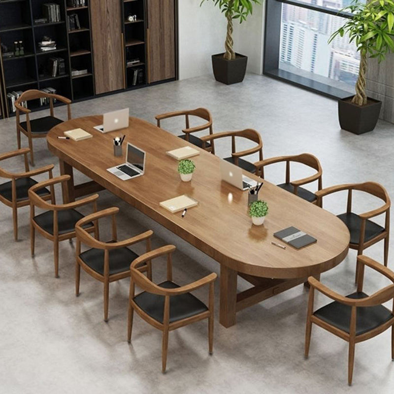 Contemporary Oval Solid Wood Table Standard Height Dining Table with Trestle Base