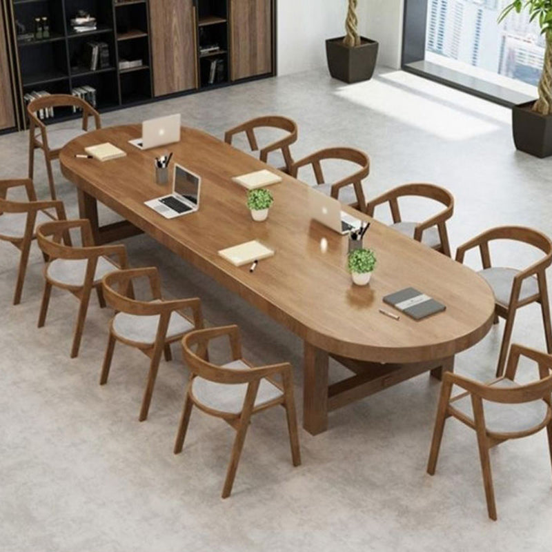 Contemporary Oval Solid Wood Table Standard Height Dining Table with Trestle Base