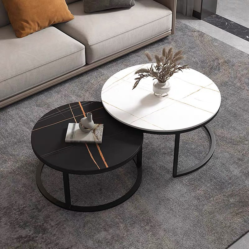 Modern Style Round Black and White Rock Slab Top Coffee Table