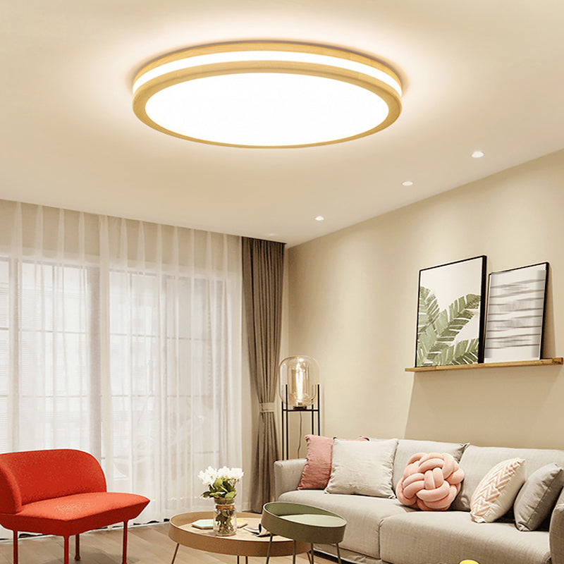 Round Shape Wood Flush Ceiling Light Modern Style 1 Light Flush Mount Lighting in Brown