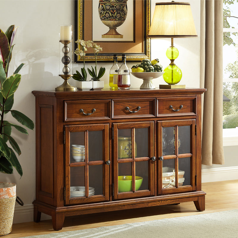 Brown Ash Wood Dining Server Contemporary Dining Server with Doors and Drawers