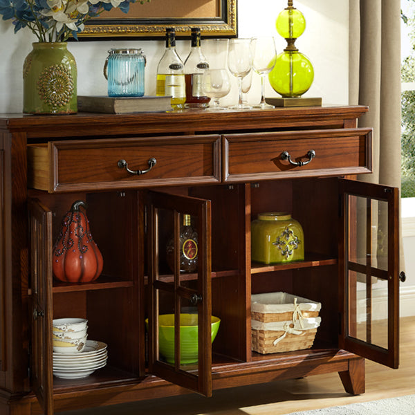 Brown Ash Wood Dining Server Contemporary Dining Server with Doors and Drawers