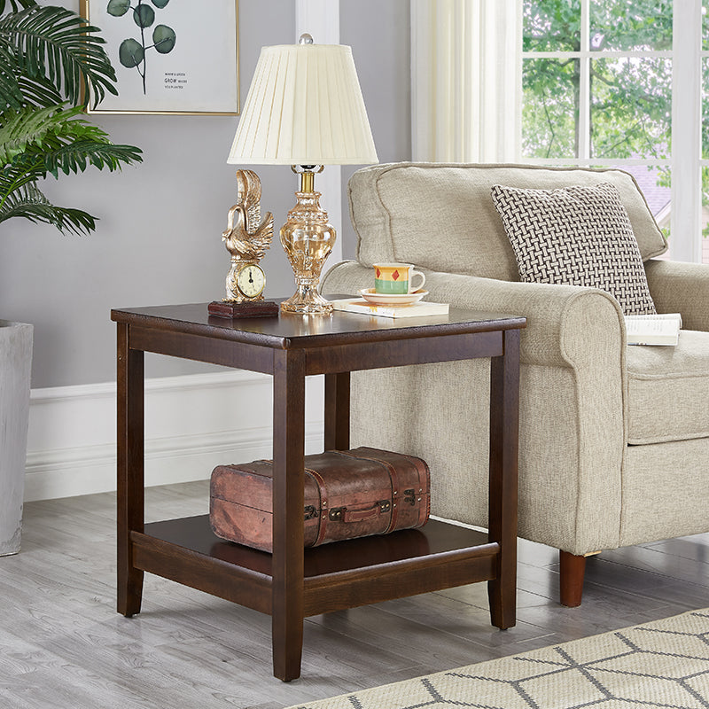Rubberwood Double Tier End Table, Brown End Table with Storage
