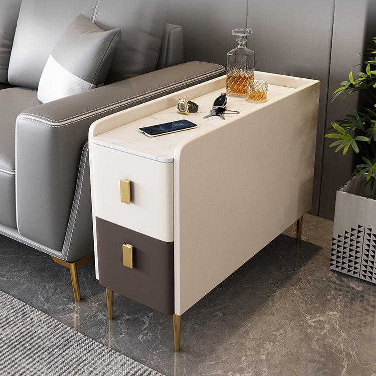 Modern Style White Rectangular Side Table with Storage and Shelf