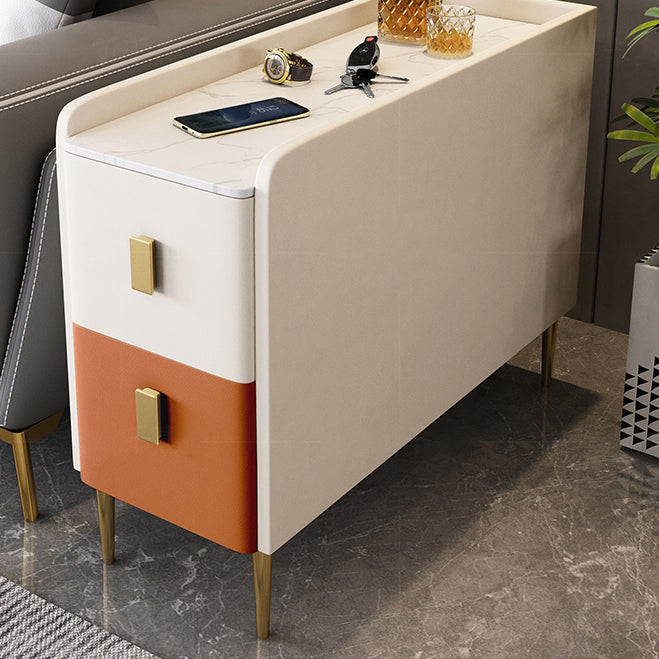 Modern Style White Rectangular Side Table with Storage and Shelf