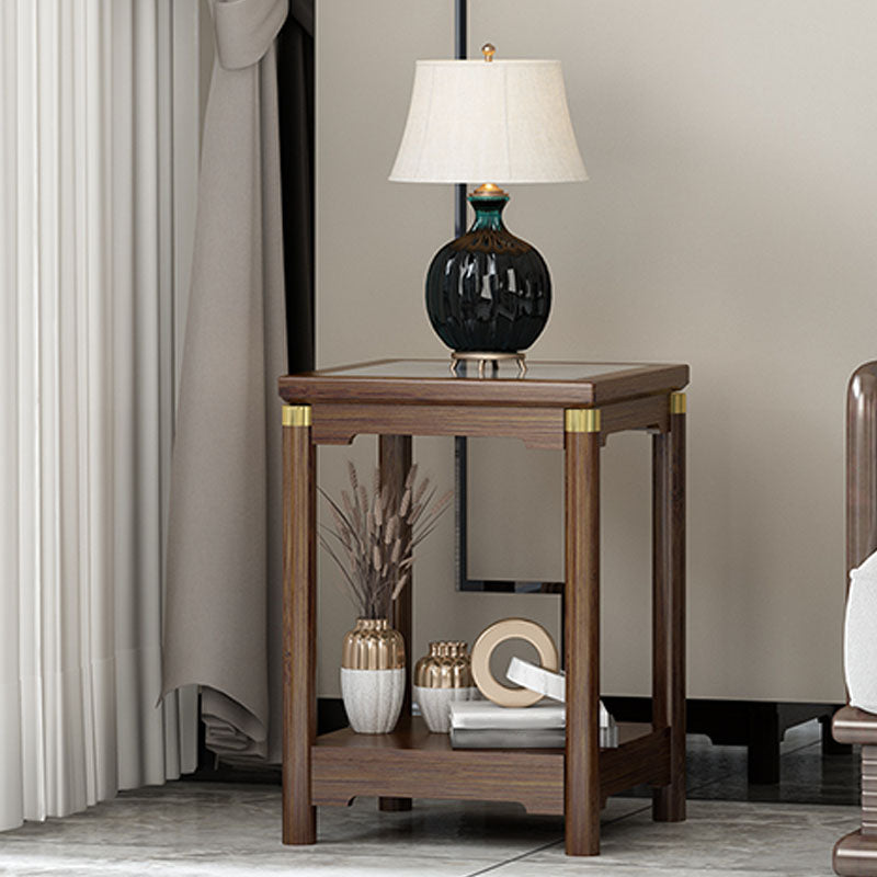 Traditional Square Wooden Sofa Side Accent Table with Storage and Shelf
