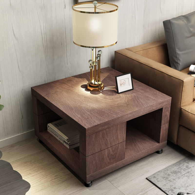 Modern Square 17.72" Tall Wood Side Table with 4 Legs and Double Tier