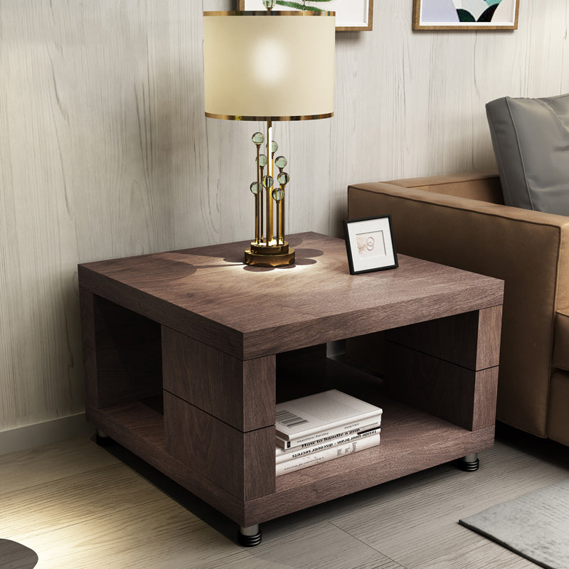 Modern Square 17.72" Tall Wood Side Table with 4 Legs and Double Tier