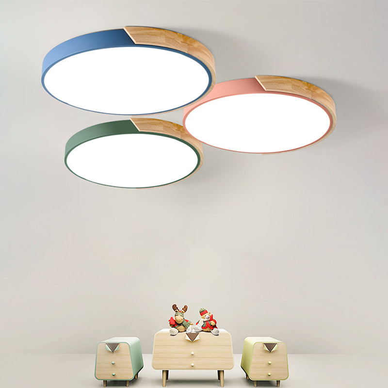 Nordic Round Ceiling Light Wood Colorful LED Flush Mount Light for Living Room