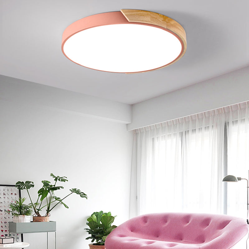 Nordic Round Ceiling Light Wood Colorful LED Flush Mount Light for Living Room