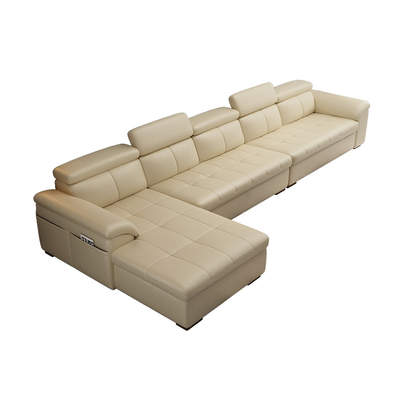 Genuine Leather Sectional Sofa 35.43"High Cushion Back Sofa with Storage,Beige