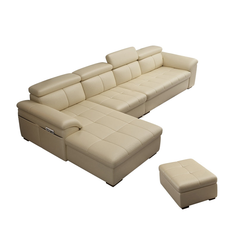 Genuine Leather Sectional Sofa 35.43"High Cushion Back Sofa with Storage,Beige