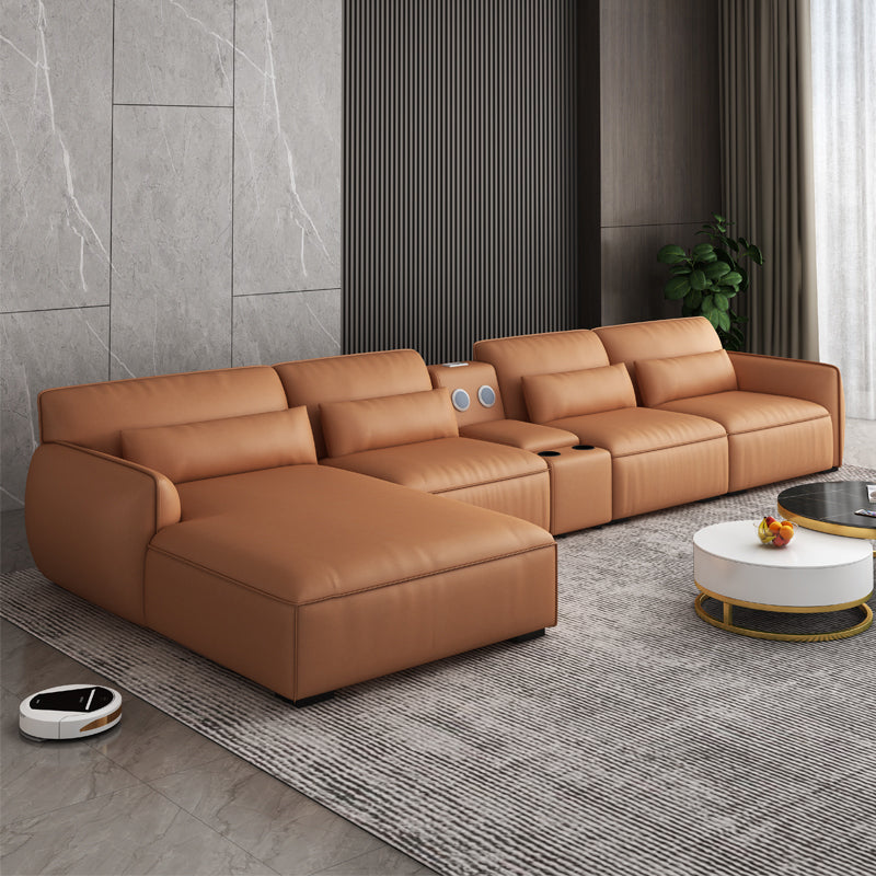 Scandinavian Tan Faux Leather Straight Arm Sofa/Sectionals with Stain-Resistant