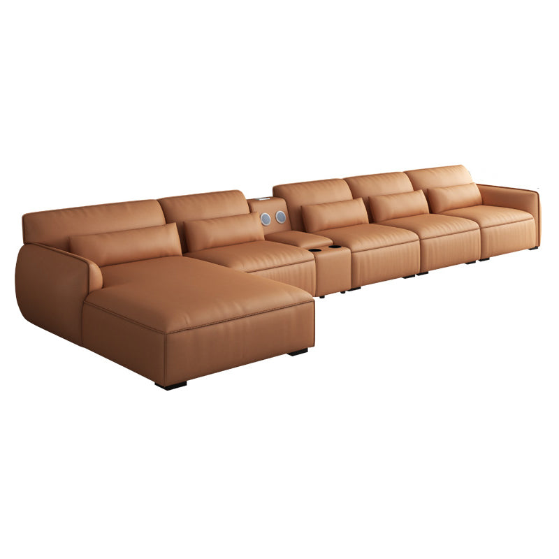 Scandinavian Tan Faux Leather Straight Arm Sofa/Sectionals with Stain-Resistant