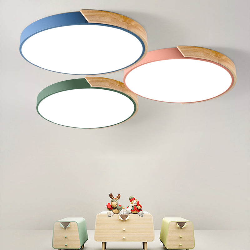 Nordic Metal Ceiling Light Round Colorful Flush Mount Light with Wood for Bedroom