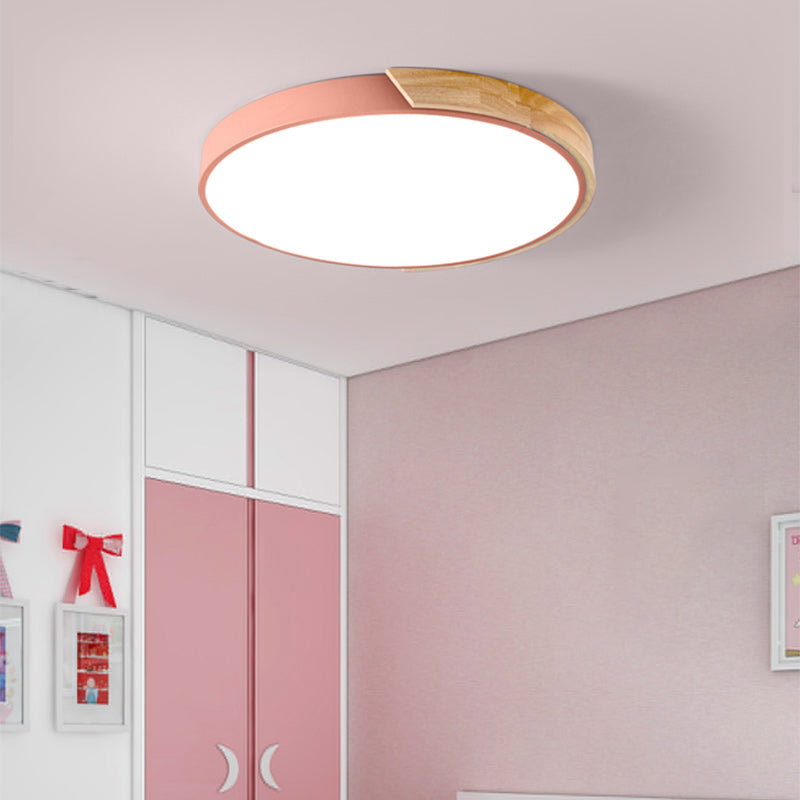 Nordic Metal Ceiling Light Round Colorful Flush Mount Light with Wood for Bedroom