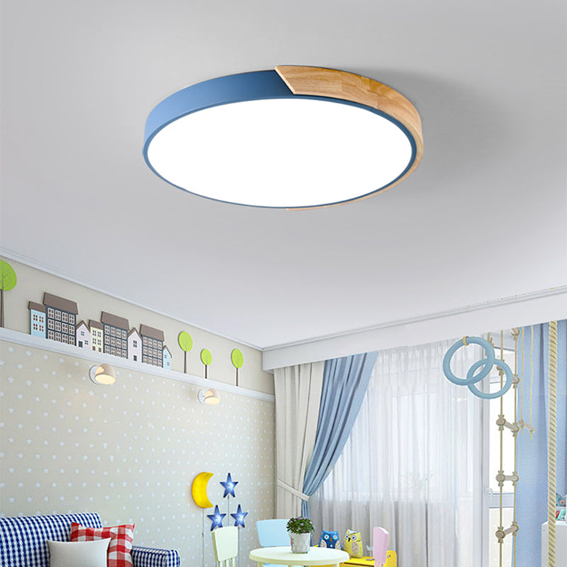 Nordic Metal Ceiling Light Round Colorful Flush Mount Light with Wood for Bedroom