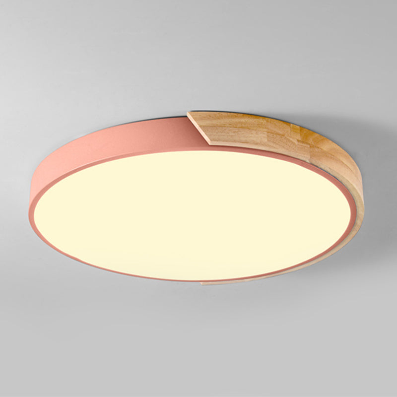 Nordic Metal Ceiling Light Round Colorful Flush Mount Light with Wood for Bedroom