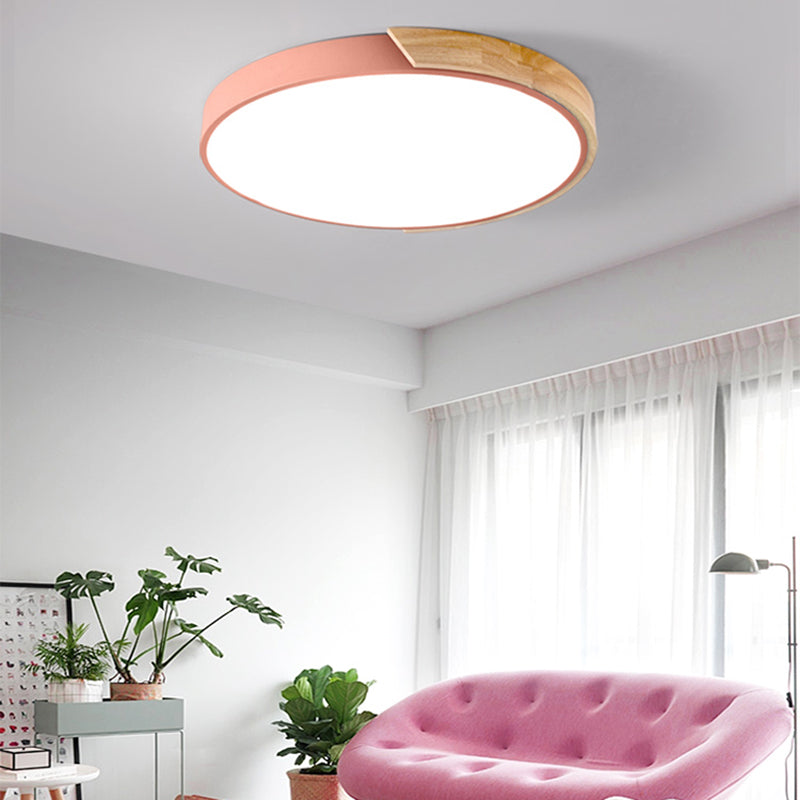 Nordic Metal Ceiling Light Round Colorful Flush Mount Light with Wood for Bedroom