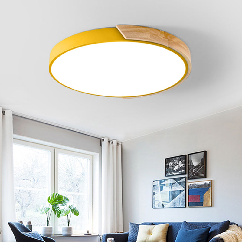 Nordic Metal Ceiling Light Round Colorful Flush Mount Light with Wood for Bedroom