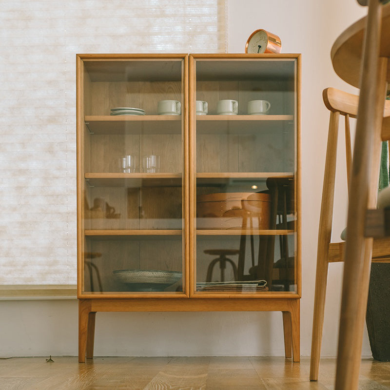 Modern Pine Wood Credenza Glass Doors Cabinets Dining Server for Living Room