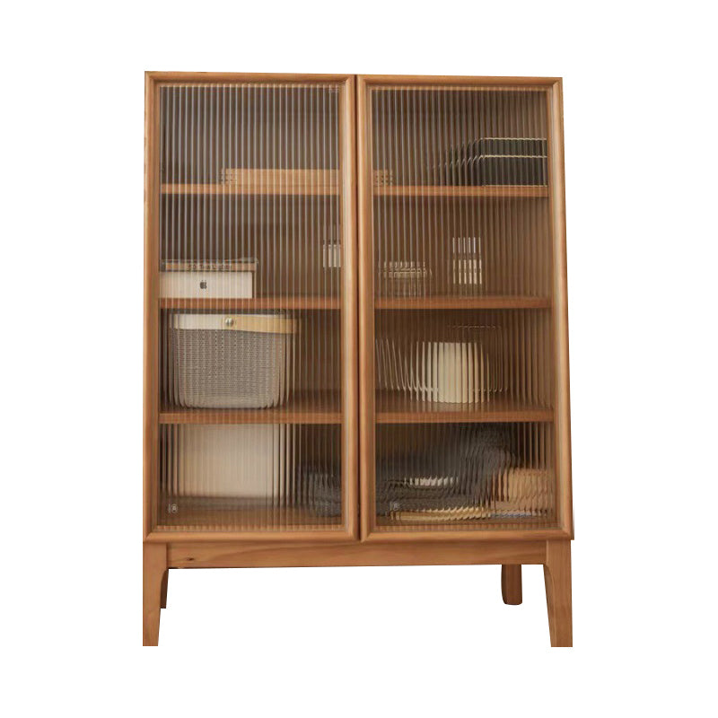 Modern Pine Wood Credenza Glass Doors Cabinets Dining Server for Living Room