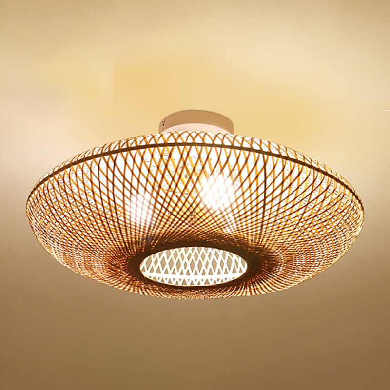 Asian Style Bamboo Ceiling Light Geometric Flush Mount Light for Bedroom