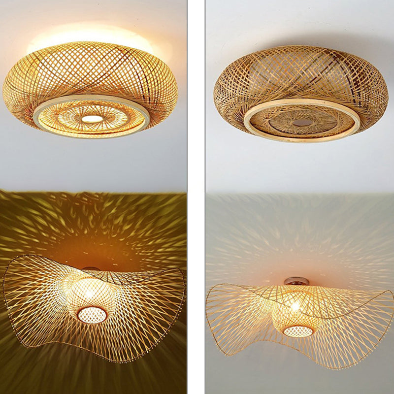 Asian Style Bamboo Ceiling Light Geometric Flush Mount Light for Bedroom