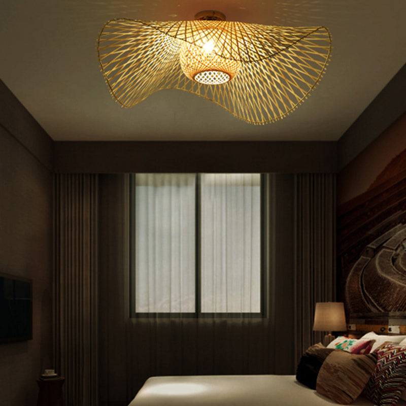 Asian Style Bamboo Ceiling Light Geometric Flush Mount Light for Bedroom