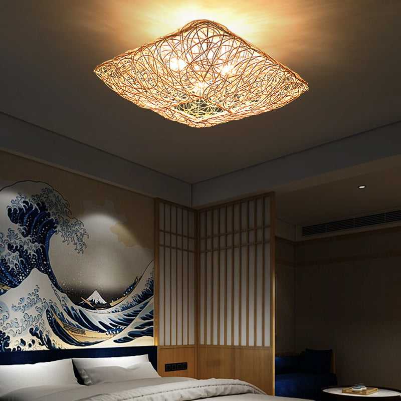 Asian Style Bamboo Ceiling Light Geometric Flush Mount Light for Bedroom