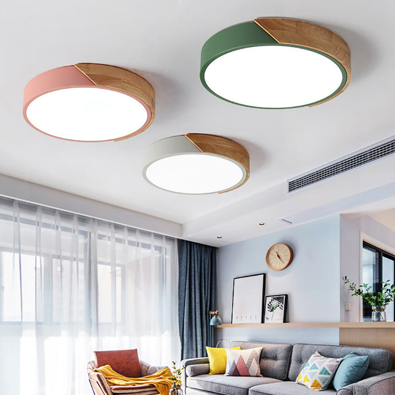 Nordic Colorful Ceiling Light Metal Round Flush Mount Light with Wood for Living Room