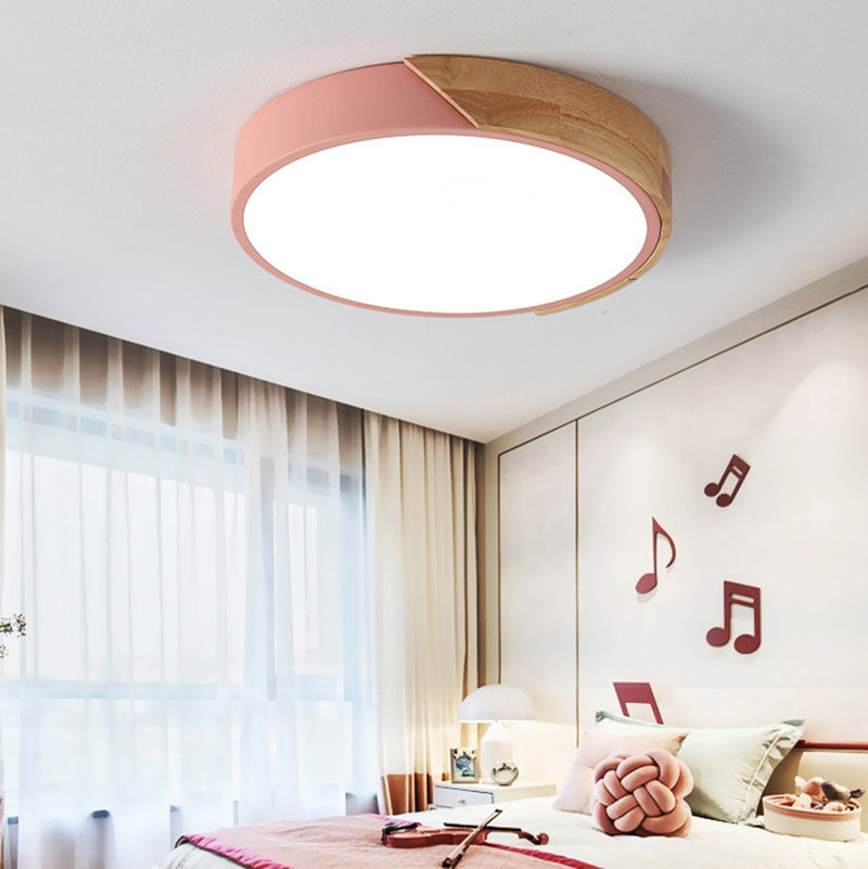 Nordic Colorful Ceiling Light Metal Round Flush Mount Light with Wood for Living Room