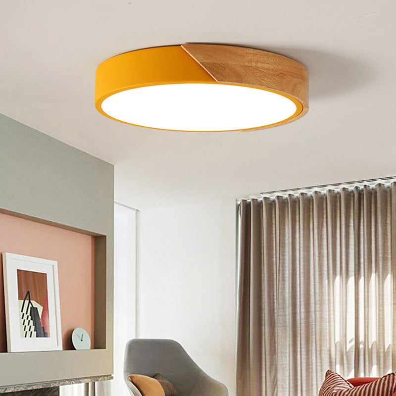 Nordic Colorful Ceiling Light Metal Round Flush Mount Light with Wood for Living Room