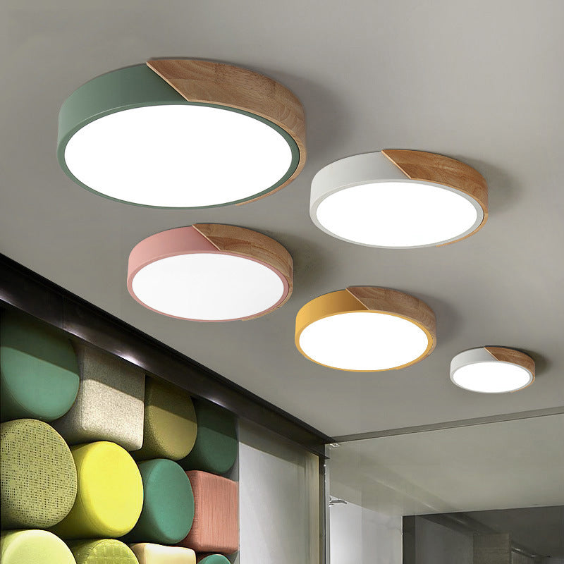 Nordic Colorful Ceiling Light Metal Round Flush Mount Light with Wood for Living Room