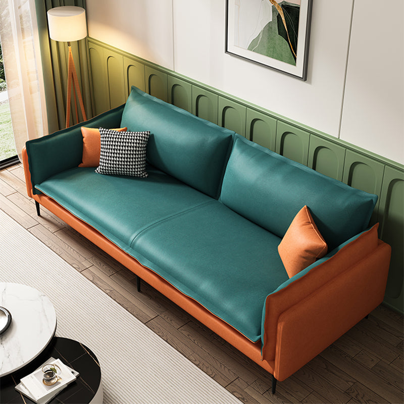 Square Arm Contemporary Faux Leather Sofa Couch in Green and Orange