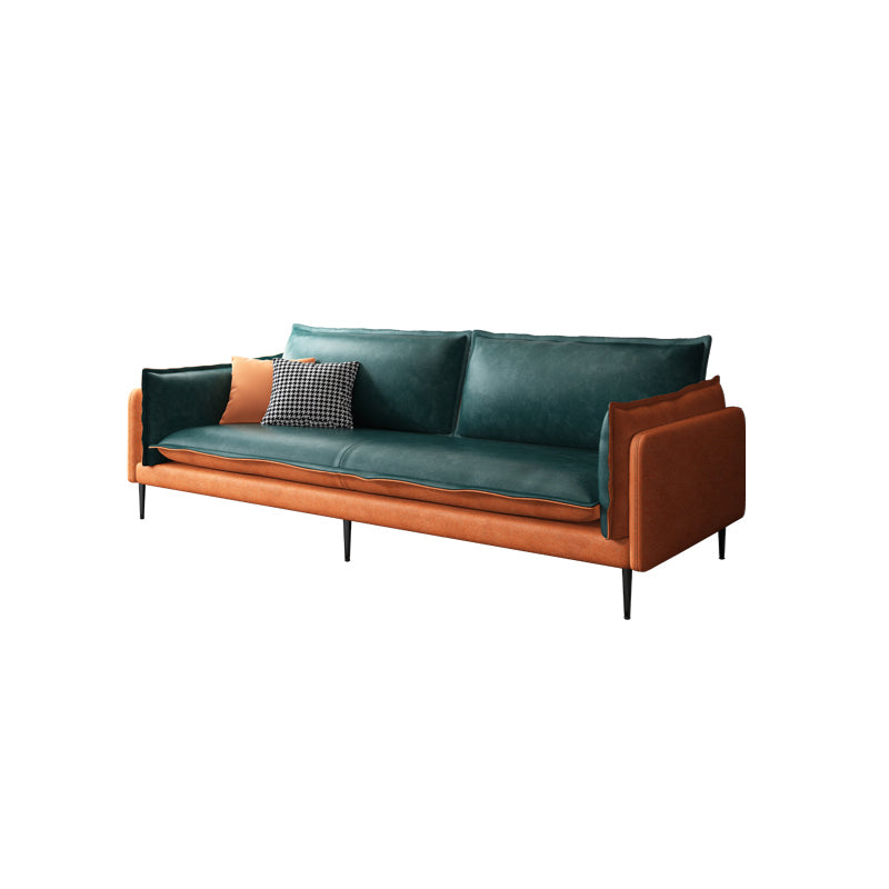 Square Arm Contemporary Faux Leather Sofa Couch in Green and Orange