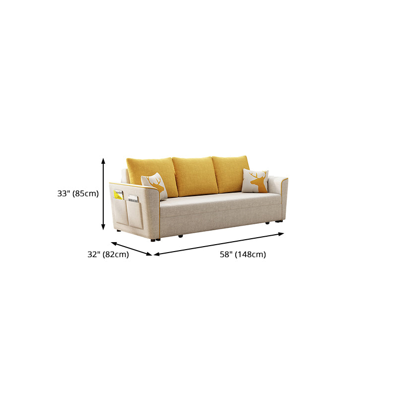 Cream Color Contemporary Linen Square Arm Sofa Bed Standard Sofa for Living Room