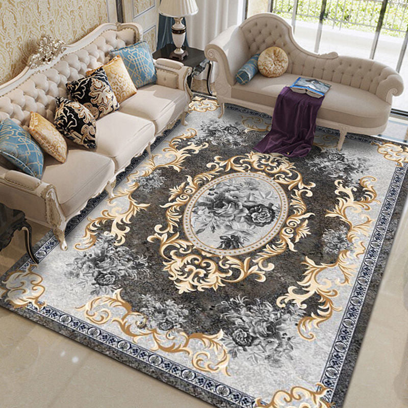 Navy Flower Rug Polyester Extravagant Rug Washable Rug for Living Room