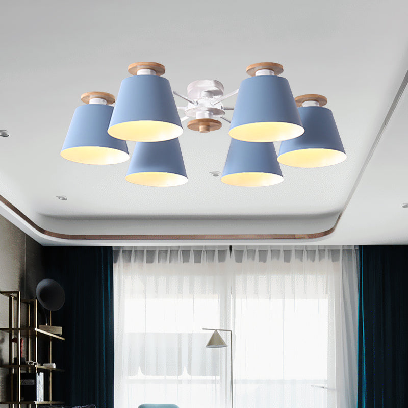 Modern Nordic 6 Heads Flushmount with Metal Shade Yellow/Blue Barrel Semi Flush Ceiling Lamp