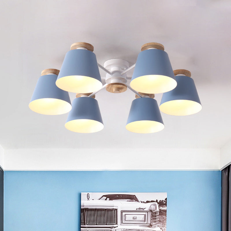 Modern Nordic 6 Heads Flushmount with Metal Shade Yellow/Blue Barrel Semi Flush Ceiling Lamp