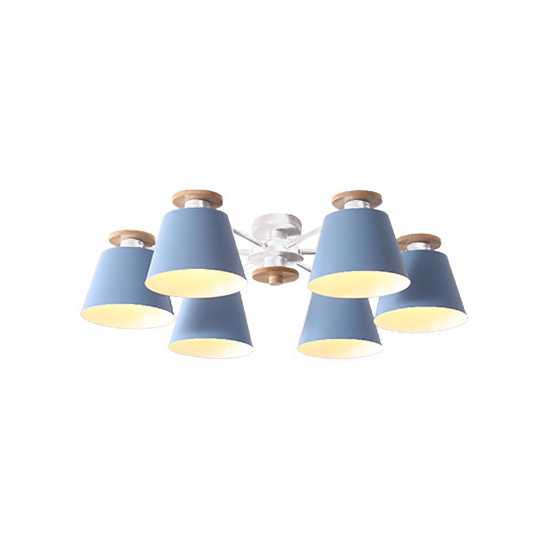 Modern Nordic 6 Heads Flushmount with Metal Shade Yellow/Blue Barrel Semi Flush Ceiling Lamp